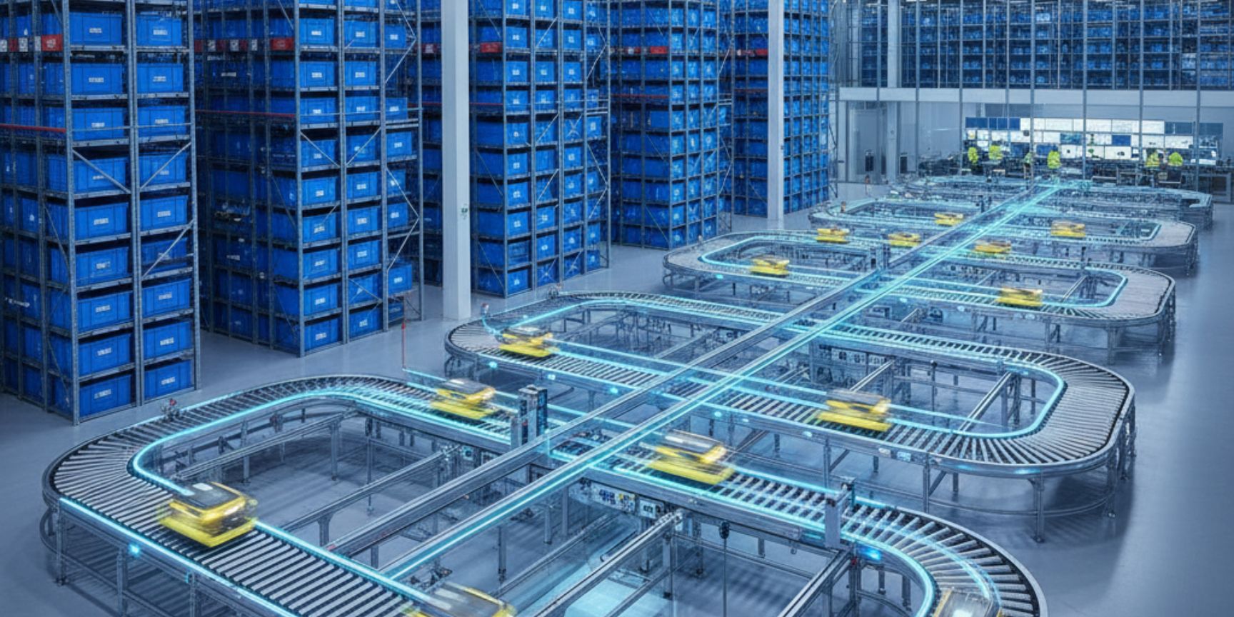 Interior view of a state-of-the-art, automated logistics center with high shelves full of blue storage boxes. In the foreground, automated guided vehicles (AGVs) transport yellow packages on a complex conveyor belt system with glowing blue lines that symbolize the flow of data. This visualizes digitization and automation in warehouse logistics within a business park.